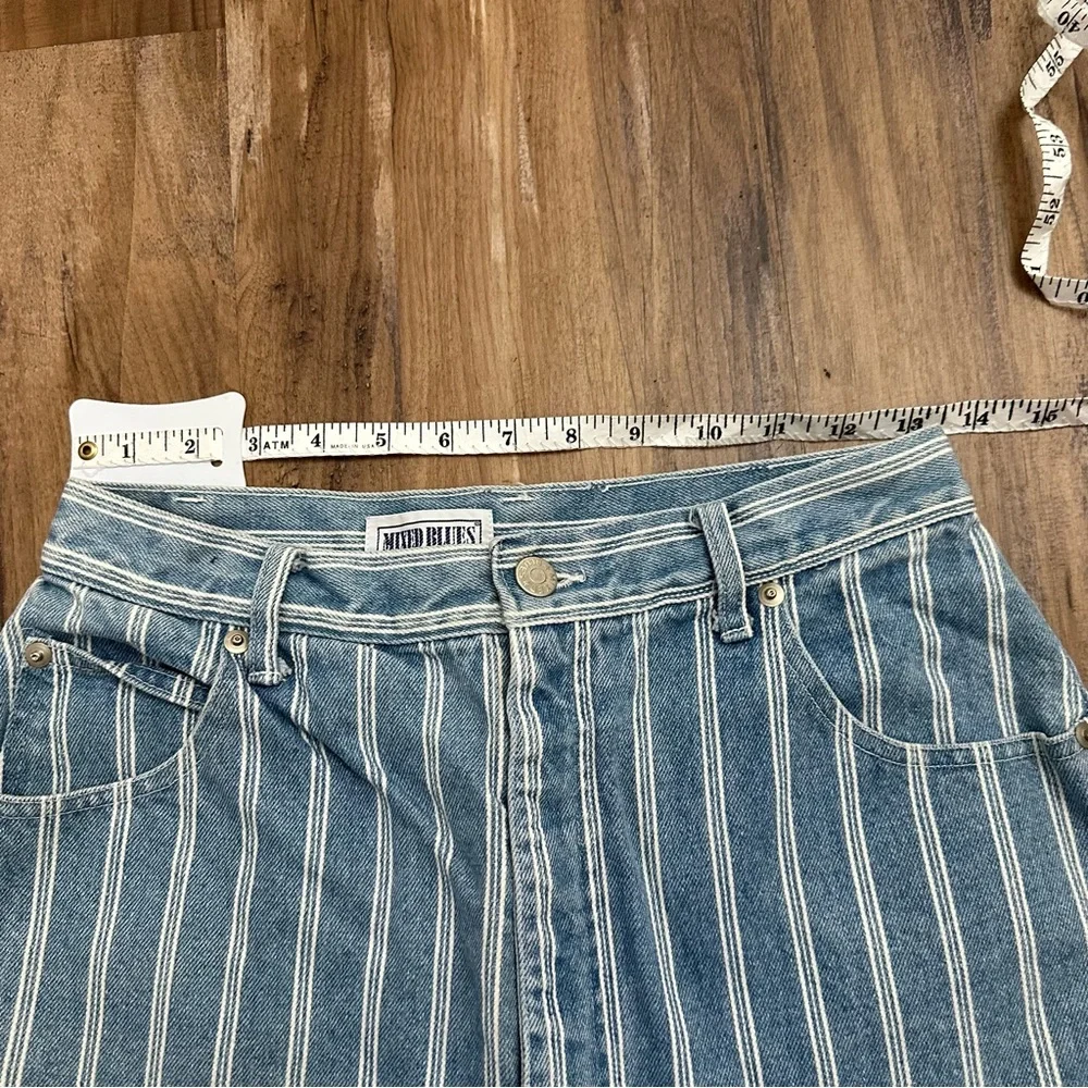 VTG 80s 90s High Waist Long Baggy Bermuda Blue & White Stripe Jean Denim Shorts